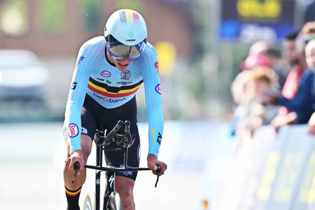 Belgium s Vic De Smet crosses the finish line of the Men Junior Individual Time Trial race (22km) at the cycling UEC Road European Championships, in Ljubljana, Slovenia, on Wednesday 7 October 2026. The UEC Road European Championships are taking place from 02 to 07 October in Ljubljana, Slovenia. DAVIDxPINTENS x189037836x