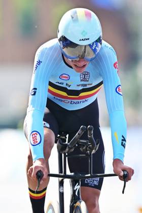 Belgium s Vic De Smet crosses the finish line of the Men Junior Individual Time Trial race (22km) at the cycling UEC Road European Championships, in Ljubljana, Slovenia, on Wednesday 7 October 2026. The UEC Road European Championships are taking place from 02 to 07 October in Ljubljana, Slovenia. DAVIDxPINTENS x189037843x