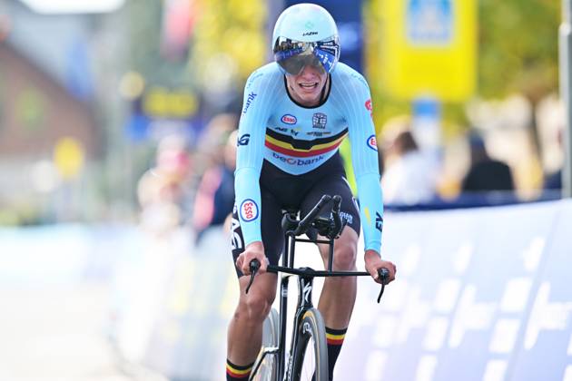 Belgium s Vic De Smet crosses the finish line of the Men Junior Individual Time Trial race (22km) at the cycling UEC Road European Championships, in Ljubljana, Slovenia, on Wednesday 7 October 2026. The UEC Road European Championships are taking place from 02 to 07 October in Ljubljana, Slovenia. DAVIDxPINTENS x189037869x