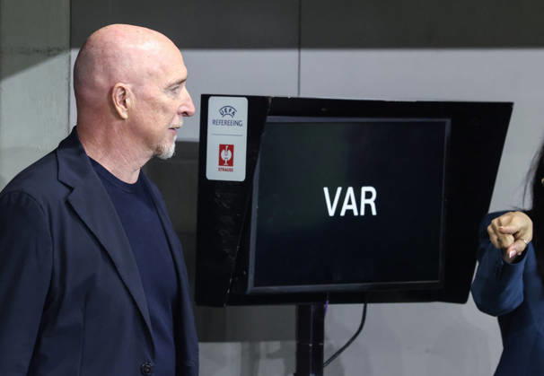 October 6, 2026, Tirana, Tirana, Albania: Albania s National soccer team Head coach Rolando Maran enter the pitch next to an VAR screen prior to the UEFA Nations League 2026-2027 group phase match between Albania and San Marino in Tirana, Albania on 6 October, 2026. Soccer 2026 Albania Vs San Marino UEFA Nations League 2026-2027 - ZUMAb266 20261006_zip_b266_003 Copyright: xArmandoxBabanix