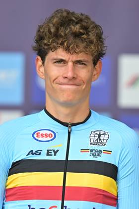 Belgium s Vic De Smet , winner of the bronze medal celebrates on the podium of the Men Junior Individual Time Trial race (22km) at the cycling UEC Road European Championships, in Ljubljana, Slovenia, on Wednesday 7 October 2026. The UEC Road European Championships are taking place from 02 to 07 October in Ljubljana, Slovenia. DAVIDxPINTENS  x189038102x