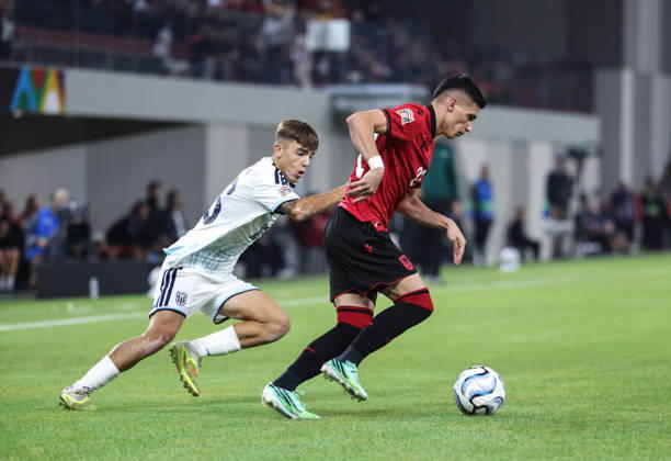 October 6, 2026, Tirana, Tirana, Albania: Stavro Pilo of Albania and Cristian Meloni of San Marino during UEFA Nations League 2026-2027 group phase match between Albania and San Marino in Tirana, Albania on 6 October, 2026. Soccer 2026 Albania Vs San Marino UEFA Nations League 2026-2027 - ZUMAb266 20261006_zip_b266_009 Copyright: xArmandoxBabanix
