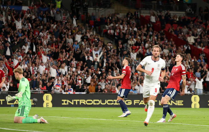 Harry Kane (E) celebrates scoring the second England goal (2-0) at the England v Czechia UEFA Nations League Group 3 match, at Wembley Stadium, London, UK, on 6th October, 2026. .