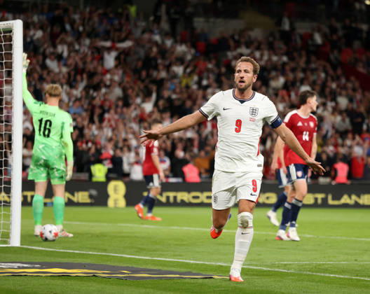 Harry Kane (E) celebrates scoring the second England goal (2-0) at the England v Czechia UEFA Nations League Group 3 match, at Wembley Stadium, London, UK, on 6th October, 2026. .