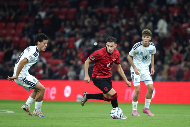 October 6, 2026, Tirana, Tirana, Albania: Kristjan Asllani of Albania and Lorenzo Capicchioni of San Marino during UEFA Nations League 2026-2027 group phase match between Albania and San Marino in Tirana, Albania on 6 October, 2026. Soccer 2026 Albania Vs San Marino UEFA Nations League 2026-2027 - ZUMAb266 20261006_zip_b266_011 Copyright: xArmandoxBabanix