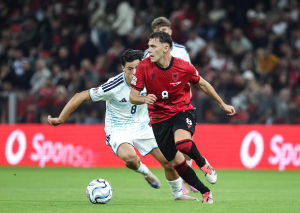 October 6, 2026, Tirana, Tirana, Albania: Kristjan Asllani of Albania and Lorenzo Capicchioni of San Marino during UEFA Nations League 2026-2027 group phase match between Albania and San Marino in Tirana, Albania on 6 October, 2026. Soccer 2026 Albania Vs San Marino UEFA Nations League 2026-2027 - ZUMAb266 20261006_zip_b266_012 Copyright: xArmandoxBabanix