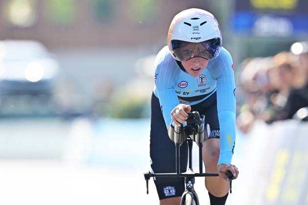 Belgium s Febe Jooris crosses the finish line of the Women U23 Individual Time Trial race (22km) at the cycling UEC Road European Championships, in Ljubljana, Slovenia, on Wednesday 7 October 2026. The UEC Road European Championships are taking place from 02 to 07 October in Ljubljana, Slovenia. DAVIDxPINTENS x189039103x