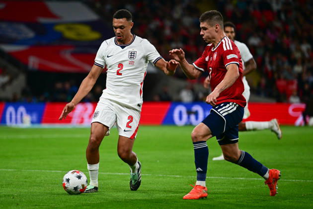 England v Czechia, UEFA Nations League England defender Trent Alexander-Arnold (2) under pressure from Czechia defender Ondrej Zmrzly (3) during the UEFA Nations League match between England and Czechia at Wembley Stadium, London, UK on 6 October 2026. London Wembley Stadium Greater London UK Editorial use only , Copyright: xDennisxGoodwinx PSI-24957-0085