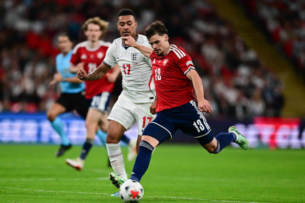 England v Czechia, UEFA Nations League Czechia midfielder Lukas Ambros (13) under pressure from England forward Morgan Rogers (17) during the UEFA Nations League match between England and Czechia at Wembley Stadium, London, UK on 6 October 2026. London Wembley Stadium Greater London UK Editorial use only , Copyright: xDennisxGoodwinx PSI-24957-0095