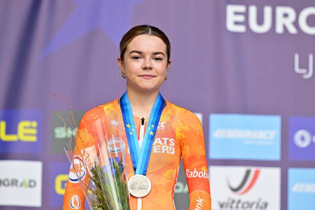 Netherlands Megan Arens , winner of the silver medal celebrates on the podium of the Women U23 Individual Time Trial race (22km) at the cycling UEC Road European Championships, in Ljubljana, Slovenia, on Wednesday 7 October 2026. The UEC Road European Championships are taking place from 02 to 07 October in Ljubljana, Slovenia. DAVIDxPINTENS x189040224x