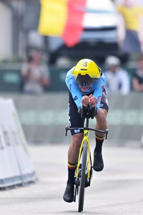 Belgium s Matisse Van Kerckhove crosses the finish line of the Men U23 Individual Time Trial race (22km) at the cycling UEC Road European Championships, in Ljubljana, Slovenia, on Wednesday 7 October 2026. The UEC Road European Championships are taking place from 02 to 07 October in Ljubljana, Slovenia. DAVIDxPINTENS x189041044x