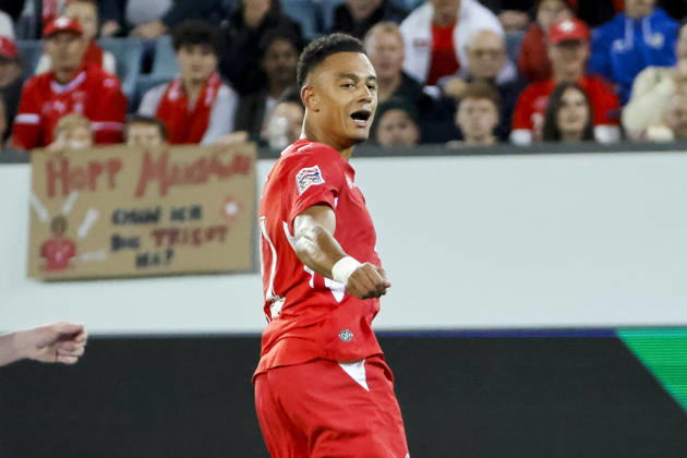 Dan Ndoye (Schweiz, 11), Mimik, Gesichtsausdruck, Emotion , Schweiz, UEFA , Nations League, Matchday 4, Schweiz vs. Nordmazedonien, 06.10.2026, Luzern Swissporarena Schweiz Copyright: xGrantxHubbsx