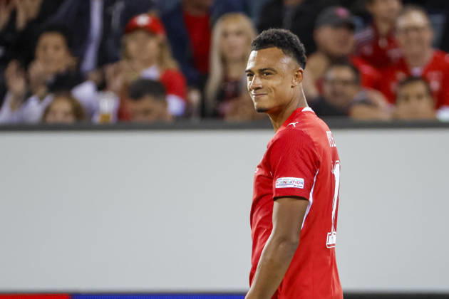 Dan Ndoye (Schweiz, 11), Mimik, Gesichtsausdruck, Emotion , Schweiz, UEFA , Nations League, Matchday 4, Schweiz vs. Nordmazedonien, 06.10.2026, Luzern Swissporarena Schweiz Copyright: xGrantxHubbsx