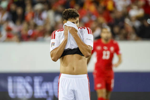 Agon Elezi (Nordmazedonien, 15), Mimik, Gesichtsausdruck, Emotion , Schweiz, UEFA , Nations League, Matchday 4, Schweiz vs. Nordmazedonien, 06.10.2026, Luzern Swissporarena Schweiz Copyright: xGrantxHubbsx