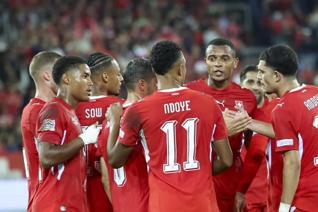 Torjubel Schweiz beim 1:0 durch Fabian Rieder (Schweiz, 22), Freude, Begeisterung, positive Emotionen, Torerfolg , Schweiz, UEFA , Nations League, Matchday 4, Schweiz vs. Nordmazedonien, 06.10.2026, Luzern Swissporarena Schweiz Copyright: xGrantxHubbsx