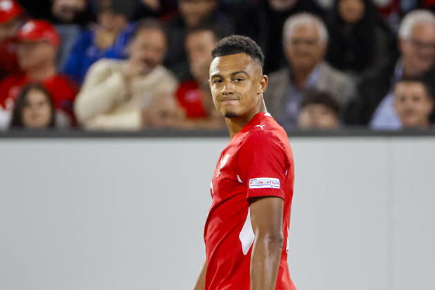 Dan Ndoye (Schweiz, 11), Mimik, Gesichtsausdruck, Emotion , Schweiz, UEFA , Nations League, Matchday 4, Schweiz vs. Nordmazedonien, 06.10.2026, Luzern Swissporarena Schweiz Copyright: xGrantxHubbsx