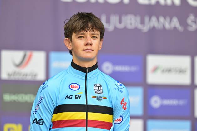 Belgium s Matisse Van Kerckhove , winner of the silver medal celebrates on the podium of the Men U23 Individual Time Trial race (22km) at the cycling UEC Road European Championships, in Ljubljana, Slovenia, on Wednesday 7 October 2026. The UEC Road European Championships are taking place from 02 to 07 October in Ljubljana, Slovenia. DAVIDxPINTENS x189041709x