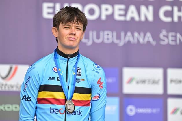 Belgium s Matisse Van Kerckhove , winner of the silver medal celebrates on the podium of the Men U23 Individual Time Trial race (22km) at the cycling UEC Road European Championships, in Ljubljana, Slovenia, on Wednesday 7 October 2026. The UEC Road European Championships are taking place from 02 to 07 October in Ljubljana, Slovenia. DAVIDxPINTENS x189042173x