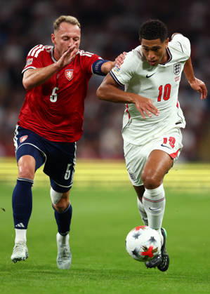London, England, 6th October 2026. Vladimir Coufal of Czechia and Jude Bellingham of England during the England vs Czech Republic UEFA Nations League match at Wembley Stadium, London. Picture credit should read: Paul Terry Sportimage EDITORIAL USE ONLY. No use with unauthorised audio, video, data, fixture lists, club league logos or live services. Online in-match use limited to 120 images, no video emulation. No use in betting, games or single club league player publications. SPI_110_PT_England__Czechia SPI-5055-0110