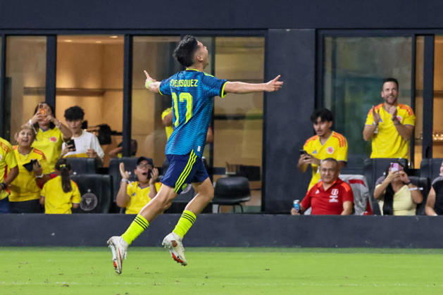 MIAMI, FL - OCTOBER 06: Samuel Velasquez 17 of Colombia celebrates a goal scored during an International Friendly, Länderspiel, Nationalmannschaft soccer match between Colombia and Peru at NU Stadium on October 06, 2026 in Miami, Florida.(Photo by Chris Arjoon Icon Sportswire) SOCCER: OCT 06 Colombia vs Peru EDITORIAL USE ONLY Icon2610060000066