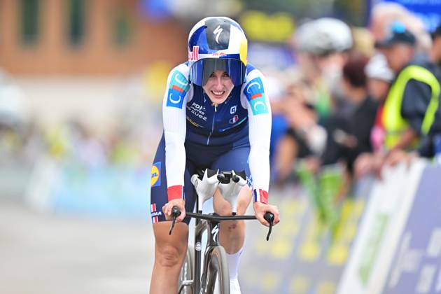 France s Juliette Berthet crosses the finish line of the Women Elite Individual Time Trial race (22km) at the cycling UEC Road European Championships, in Ljubljana, Slovenia, on Wednesday 7 October 2026. The UEC Road European Championships are taking place from 02 to 07 October in Ljubljana, Slovenia. DAVIDxPINTENS x189048073x