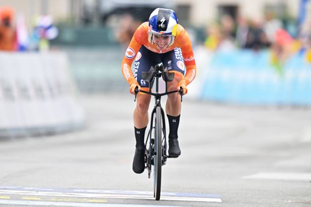 Netherlands Demi Vollering crosses the finish line of the Women Elite Individual Time Trial race (22km) at the cycling UEC Road European Championships, in Ljubljana, Slovenia, on Wednesday 7 October 2026. The UEC Road European Championships are taking place from 02 to 07 October in Ljubljana, Slovenia. DAVIDxPINTENS x189049035x