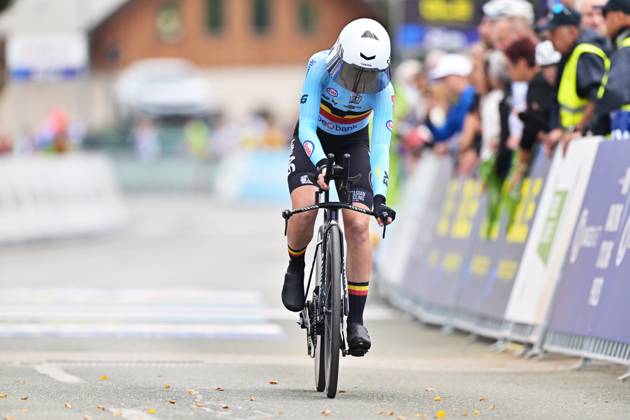 Belgium s Lotte Claes crosses the finish line of the Women Elite Individual Time Trial race (22km) at the cycling UEC Road European Championships, in Ljubljana, Slovenia, on Wednesday 7 October 2026. The UEC Road European Championships are taking place from 02 to 07 October in Ljubljana, Slovenia. DAVIDxPINTENS x189049024x