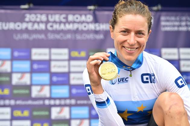 Switzerland s Marlen Reusser celebrates on the podium after winning the Women Elite Individual Time Trial race (22km) at the cycling UEC Road European Championships, in Ljubljana, Slovenia, on Wednesday 7 October 2026. The UEC Road European Championships are taking place from 02 to 07 October in Ljubljana, Slovenia. DAVIDxPINTENS x189052880x