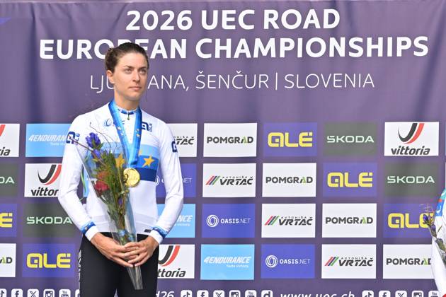 Switzerland s Marlen Reusser celebrates on the podium after winning the Women Elite Individual Time Trial race (22km) at the cycling UEC Road European Championships, in Ljubljana, Slovenia, on Wednesday 7 October 2026. The UEC Road European Championships are taking place from 02 to 07 October in Ljubljana, Slovenia. DAVIDxPINTENS x189054034x