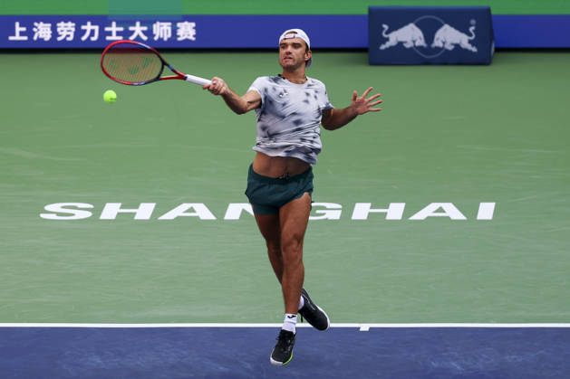 (261007) -- SHANGHAI, Oct. 7, 2026 -- Tomas Machac hits a return during the men s singles first round match between Zhang Zhizhen of China and Tomas Machac of the Czech Republic at the 2026 ATP, Tennis Herren tour Shanghai Masters tennis tournament in Shanghai, China, Oct. 7, 2026. ) (SP)CHINA-SHANGHAI-TENNIS-SHANGHAI MASTERS-MEN S SINGLES (CN) WangxXiang