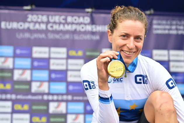 Switzerland s Marlen Reusser celebrates on the podium after winning the Women Elite Individual Time Trial race (22km) at the cycling UEC Road European Championships, in Ljubljana, Slovenia, on Wednesday 7 October 2026. The UEC Road European Championships are taking place from 02 to 07 October in Ljubljana, Slovenia. DAVIDxPINTENS x189054108x
