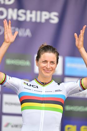 Switzerland s Marlen Reusser celebrates on the podium after winning the Women Elite Individual Time Trial race (22km) at the cycling UEC Road European Championships, in Ljubljana, Slovenia, on Wednesday 7 October 2026. The UEC Road European Championships are taking place from 02 to 07 October in Ljubljana, Slovenia. DAVIDxPINTENS x189054143x