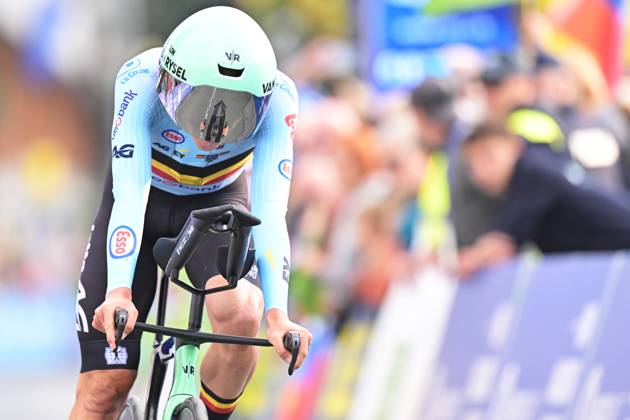 Belgium s Sander De Pestel crosses the finish line of the Men Elite Individual Time Trial race (22km) at the cycling UEC Road European Championships, in Ljubljana, Slovenia, on Wednesday 7 October 2026. The UEC Road European Championships are taking place from 02 to 07 October in Ljubljana, Slovenia. DAVIDxPINTENS x189062478x