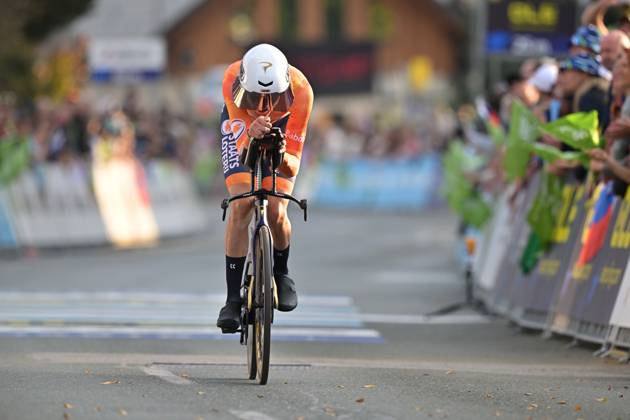 Netherlands Sjoerd Bax crosses the finish line of the Men Elite Individual Time Trial race (22km) at the cycling UEC Road European Championships, in Ljubljana, Slovenia, on Wednesday 7 October 2026. The UEC Road European Championships are taking place from 02 to 07 October in Ljubljana, Slovenia. DAVIDxPINTENS  x189063082x