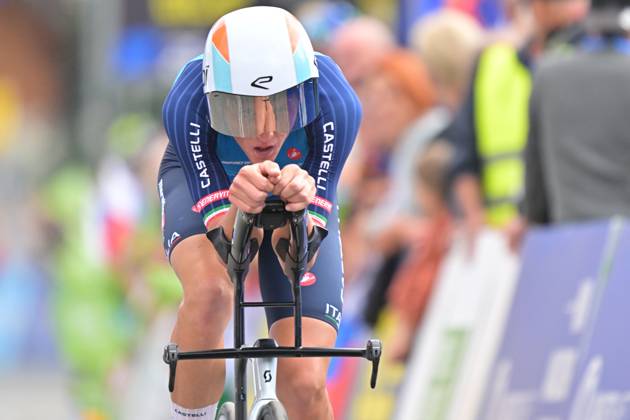 Italy s Marco Frigo crosses the finish line of the Men Elite Individual Time Trial race (22km) at the cycling UEC Road European Championships, in Ljubljana, Slovenia, on Wednesday 7 October 2026. The UEC Road European Championships are taking place from 02 to 07 October in Ljubljana, Slovenia. DAVIDxPINTENS  x189064733x