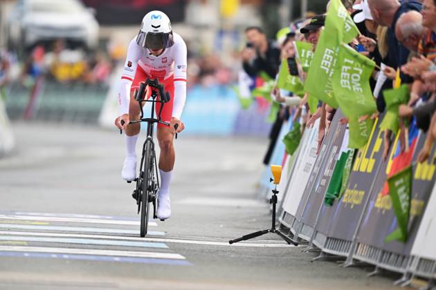 Poland s Filip Maciejuk crosses the finish line of the Men Elite Individual Time Trial race (22km) at the cycling UEC Road European Championships, in Ljubljana, Slovenia, on Wednesday 7 October 2026. The UEC Road European Championships are taking place from 02 to 07 October in Ljubljana, Slovenia. DAVIDxPINTENS x189066158x