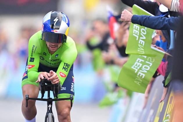 Slovenia s Primoz Roglic crosses the finish line to win the Men Elite Individual Time Trial race (22km) at the cycling UEC Road European Championships, in Ljubljana, Slovenia, on Wednesday 7 October 2026. The UEC Road European Championships are taking place from 02 to 07 October in Ljubljana, Slovenia. DAVIDxPINTENS x189066415x