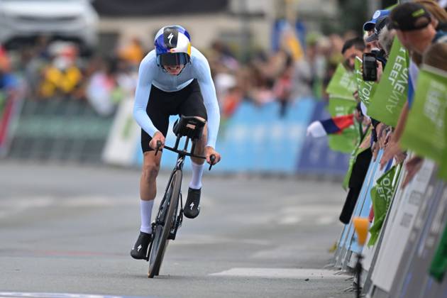 Aleksandr Vlasov crosses the finish line of the Men Elite Individual Time Trial race (22km) at the cycling UEC Road European Championships, in Ljubljana, Slovenia, on Wednesday 7 October 2026. The UEC Road European Championships are taking place from 02 to 07 October in Ljubljana, Slovenia. DAVIDxPINTENS  x189066465x