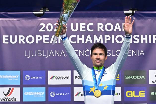 Slovenia s Primoz Roglic celebrates on the podium after winning the Men Elite Individual Time Trial race (22km) at the cycling UEC Road European Championships, in Ljubljana, Slovenia, on Wednesday 7 October 2026. The UEC Road European Championships are taking place from 02 to 07 October in Ljubljana, Slovenia. DAVIDxPINTENS x189068229x
