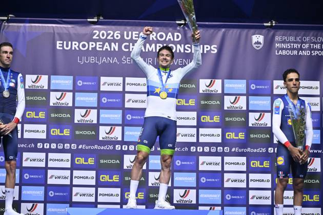 UEC 2026 Road European Championships Ljubljana 07 10 2026 SENCUR, SLOVENIA - OCTOBER 07 : silver medal Armirail Bruno (FRA), gold medal Roglic Primoz (SLO) and bronze medal Decomble Maxime (FRA) pictured during the podium ceremony of the Men Elite Individual Time Trial at the 2026 UEC Road European Championships. An UCI Continental Championships time trial cycling race with start and finish in Sencur on October 7, 2026 in Sencur, Slovenia, 07 10 2026 Sencur Slovenia  Copyright: xJanxDexMeuleneirx