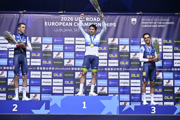 UEC 2026 Road European Championships Ljubljana 07 10 2026 SENCUR, SLOVENIA - OCTOBER 07 : silver medal Armirail Bruno (FRA), gold medal Roglic Primoz (SLO) and bronze medal Decomble Maxime (FRA) pictured during the podium ceremony of the Men Elite Individual Time Trial at the 2026 UEC Road European Championships. An UCI Continental Championships time trial cycling race with start and finish in Sencur on October 7, 2026 in Sencur, Slovenia, 07 10 2026 Sencur Slovenia  Copyright: xJanxDexMeuleneirx