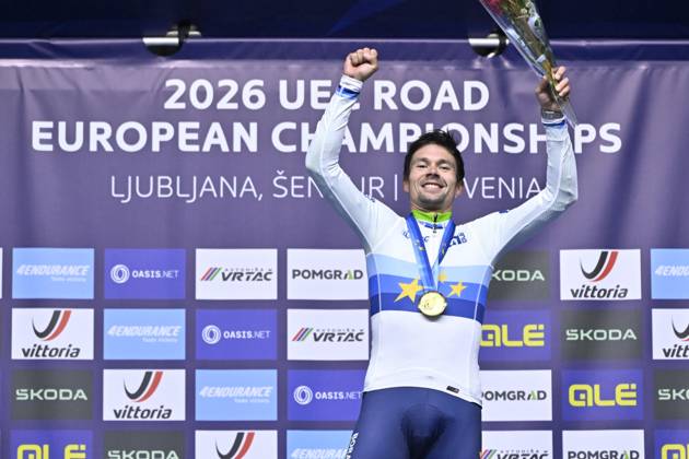 UEC 2026 Road European Championships Ljubljana 07 10 2026 SENCUR, SLOVENIA - OCTOBER 07 : gold medal Roglic Primoz (SLO) pictured during the podium ceremony of the Men Elite Individual Time Trial at the 2026 UEC Road European Championships. An UCI Continental Championships time trial cycling race with start and finish in Sencur on October 7, 2026 in Sencur, Slovenia, 07 10 2026 Sencur Slovenia  Copyright: xJanxDexMeuleneirx