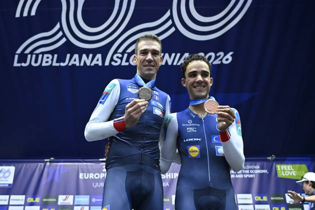 UEC 2026 Road European Championships Ljubljana 07 10 2026 SENCUR, SLOVENIA - OCTOBER 07 : silver medal Armirail Bruno (FRA) and bronze medal Decomble Maxime (FRA) pictured during the podium ceremony of the Men Elite Individual Time Trial at the 2026 UEC Road European Championships. An UCI Continental Championships time trial cycling race with start and finish in Sencur on October 7, 2026 in Sencur, Slovenia, 07 10 2026 Sencur Slovenia  Copyright: xJanxDexMeuleneirx