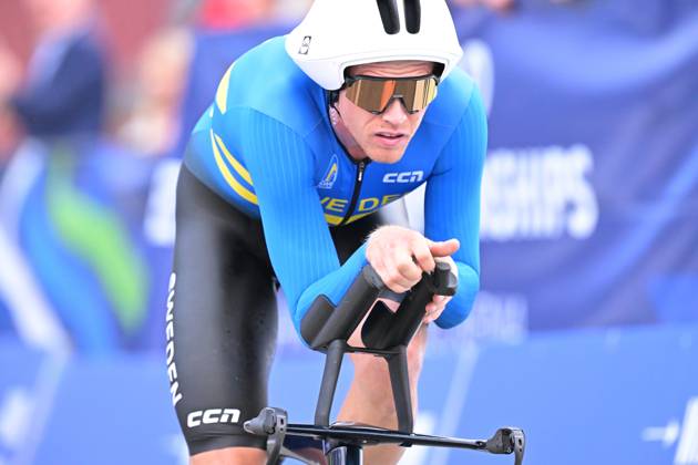 Sweden s Jakob Soderqvist crosses the finish line of the Men Elite Individual Time Trial race (22km) at the cycling UEC Road European Championships, in Ljubljana, Slovenia, on Wednesday 7 October 2026. The UEC Road European Championships are taking place from 02 to 07 October in Ljubljana, Slovenia. DAVIDxPINTENS  x189071138x