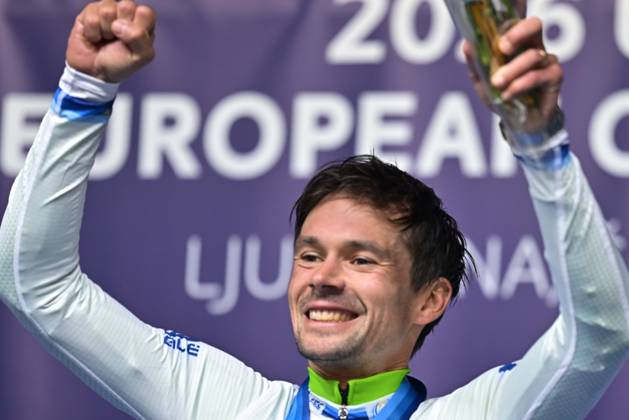 Slovenia s Primoz Roglic celebrates on the podium after winning the Men Elite Individual Time Trial race (22km) at the cycling UEC Road European Championships, in Ljubljana, Slovenia, on Wednesday 7 October 2026. The UEC Road European Championships are taking place from 02 to 07 October in Ljubljana, Slovenia. DAVIDxPINTENS x189071245x