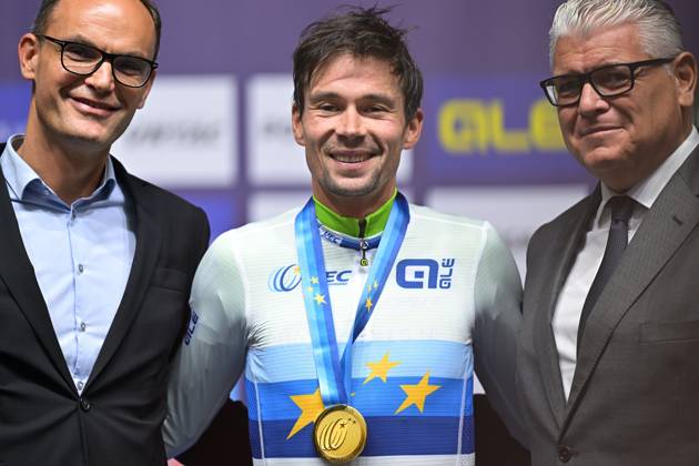 Slovenia s Primoz Roglic celebrates on the podium after winning the Men Elite Individual Time Trial race (22km) at the cycling UEC Road European Championships, in Ljubljana, Slovenia, on Wednesday 7 October 2026. The UEC Road European Championships are taking place from 02 to 07 October in Ljubljana, Slovenia. DAVIDxPINTENS x189071265x