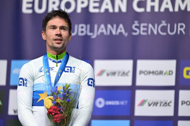 Slovenia s Primoz Roglic celebrates on the podium after winning the Men Elite Individual Time Trial race (22km) at the cycling UEC Road European Championships, in Ljubljana, Slovenia, on Wednesday 7 October 2026. The UEC Road European Championships are taking place from 02 to 07 October in Ljubljana, Slovenia. DAVIDxPINTENS x189071296x
