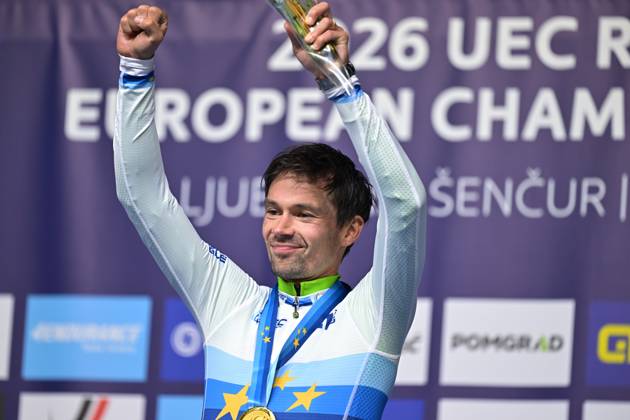 Slovenia s Primoz Roglic celebrates on the podium after winning the Men Elite Individual Time Trial race (22km) at the cycling UEC Road European Championships, in Ljubljana, Slovenia, on Wednesday 7 October 2026. The UEC Road European Championships are taking place from 02 to 07 October in Ljubljana, Slovenia. DAVIDxPINTENS x189071311x