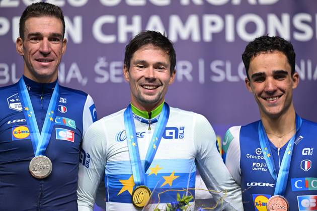France s Bruno Armirail; Slovenia s Primoz Roglic and France s Maxime Decomble celebrate on the podium of the Men Elite Individual Time Trial race (22km) at the cycling UEC Road European Championships, in Ljubljana, Slovenia, on Wednesday 7 October 2026. The UEC Road European Championships are taking place from 02 to 07 October in Ljubljana, Slovenia. DAVIDxPINTENS x189071413x