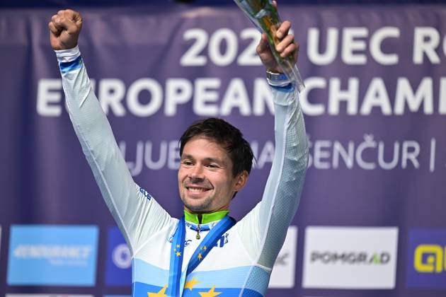 Slovenia s Primoz Roglic celebrates on the podium after winning the Men Elite Individual Time Trial race (22km) at the cycling UEC Road European Championships, in Ljubljana, Slovenia, on Wednesday 7 October 2026. The UEC Road European Championships are taking place from 02 to 07 October in Ljubljana, Slovenia. DAVIDxPINTENS x189071522x